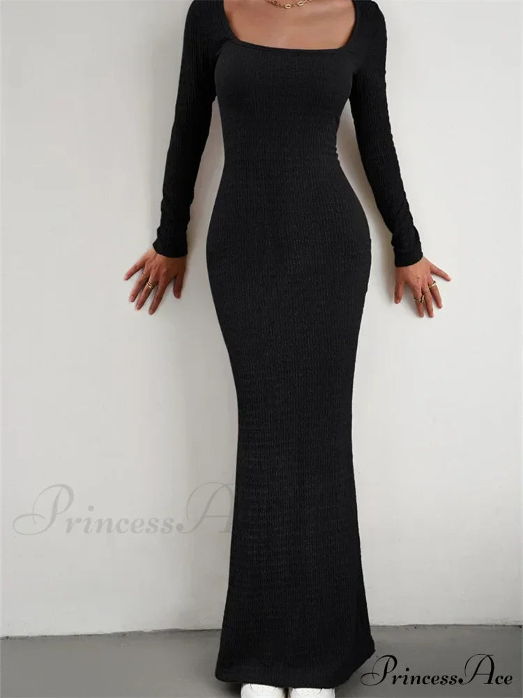 Elegant Women Knitted Sleeve Square Neck Solid Slim Fit Spring Autumn Cocktail Female Vestidos