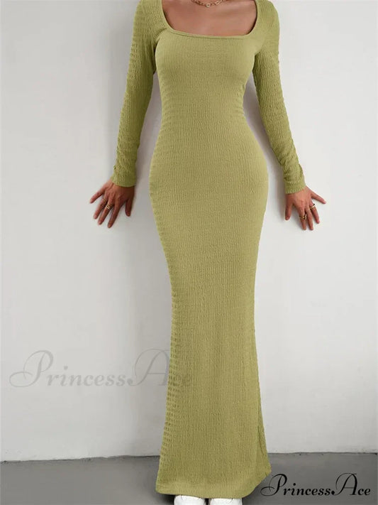 Elegant Women Knitted Sleeve Square Neck Solid Slim Fit Spring Autumn Cocktail Female Vestidos