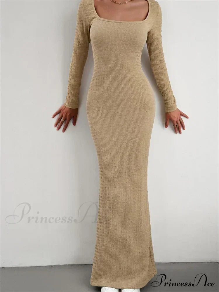 Elegant Women Knitted Sleeve Square Neck Solid Slim Fit Spring Autumn Cocktail Female Vestidos