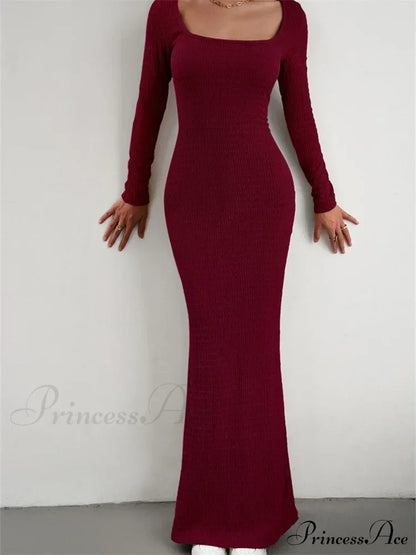 Elegant Women Knitted Sleeve Square Neck Solid Slim Fit Spring Autumn Cocktail Female Vestidos Red