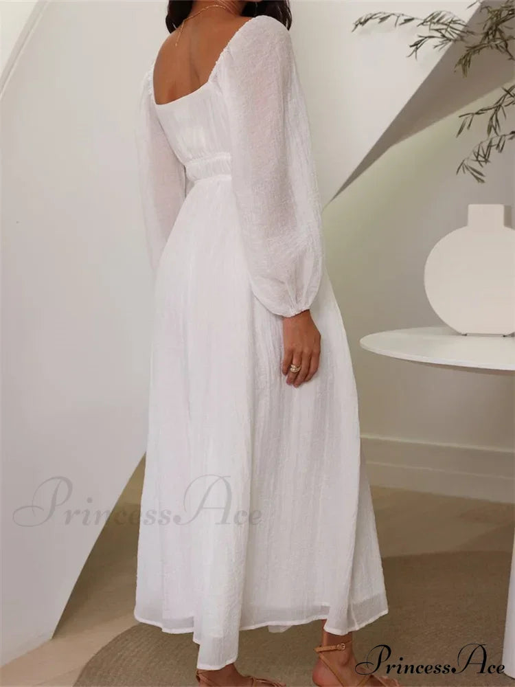 Elegant Women Mesh See Through Lantern Sleeve Deep V-Neck Solid White High Waist Party Beach