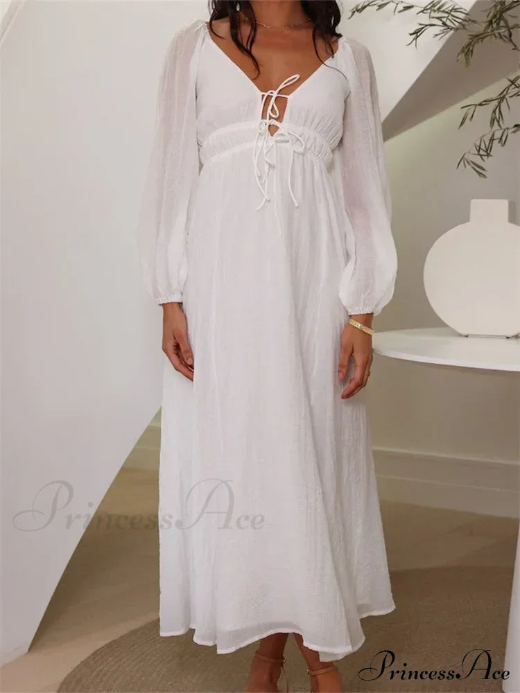 Elegant Women Mesh See Through Lantern Sleeve Deep V-Neck Solid White High Waist Party Beach