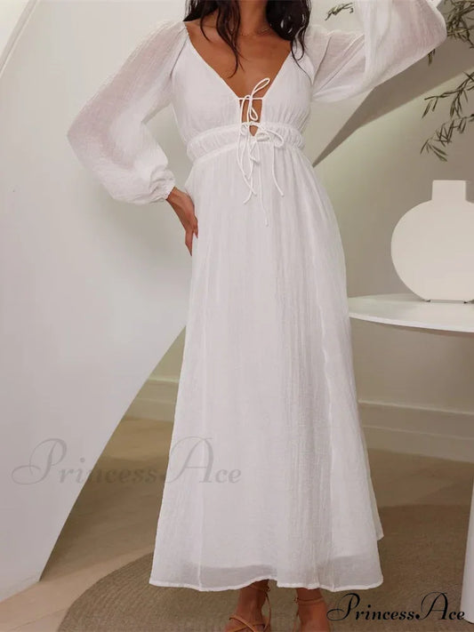 Elegant Women Mesh See Through Lantern Sleeve Deep V-Neck Solid White High Waist Party Beach