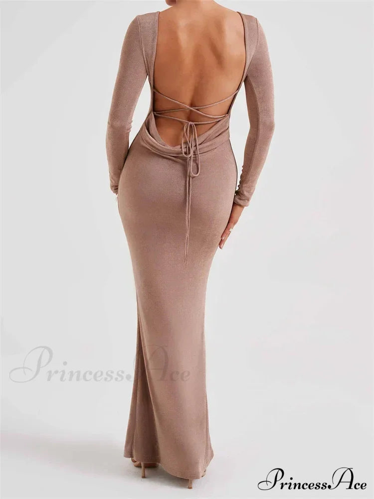 Elegant Women Party Backless Criss-Cross Tie-Up Bodycon Formal Club Sleeve Solid Female Vestido