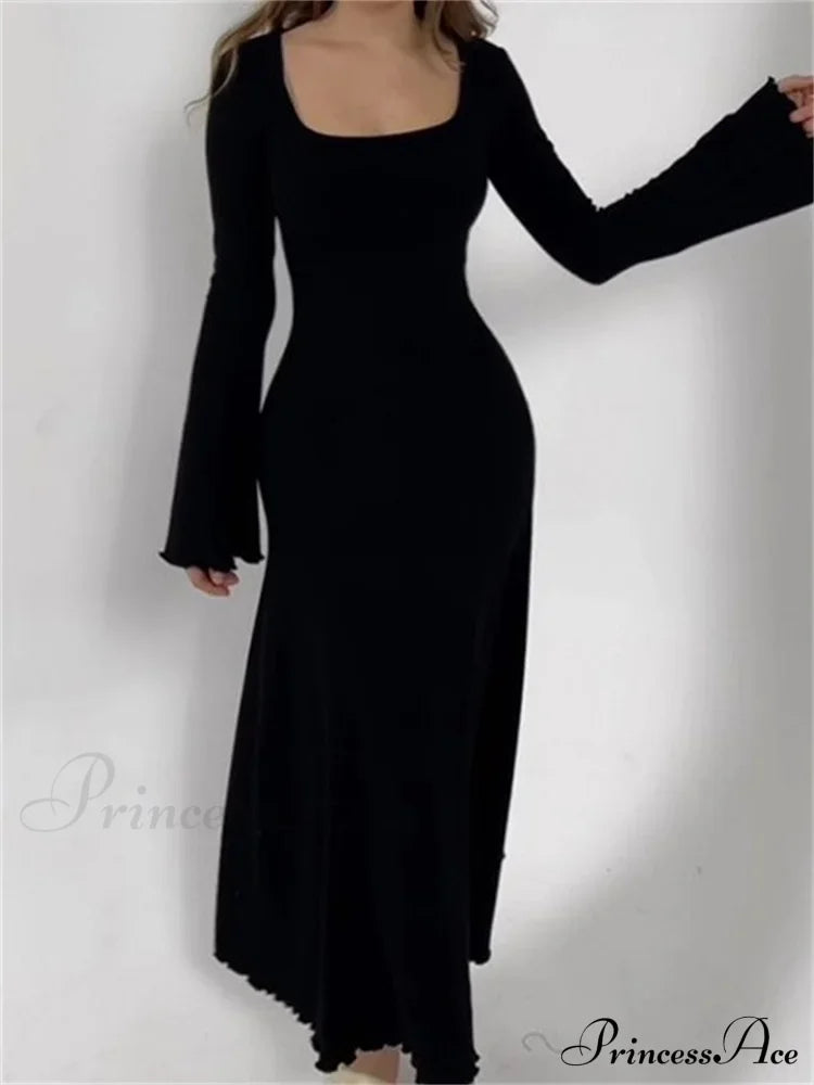 Elegant Women Ribbed Sleeve Square Neck Solid Slim Fit Fall Party Vestido Streetwear