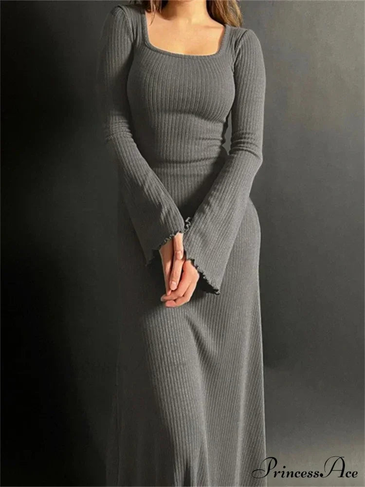 Elegant Women Ribbed Sleeve Square Neck Solid Slim Fit Fall Party Vestido Streetwear Gray / S