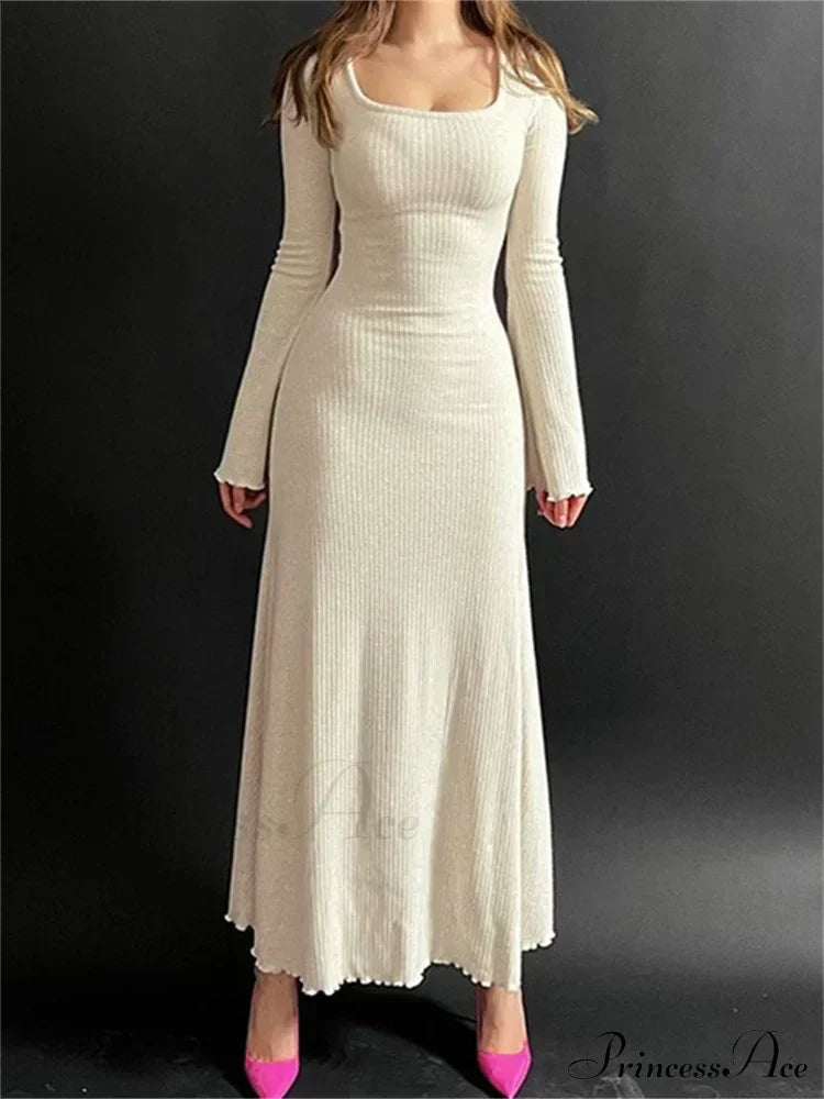 Elegant Women Ribbed Sleeve Square Neck Solid Slim Fit Fall Party Vestido Streetwear White / S