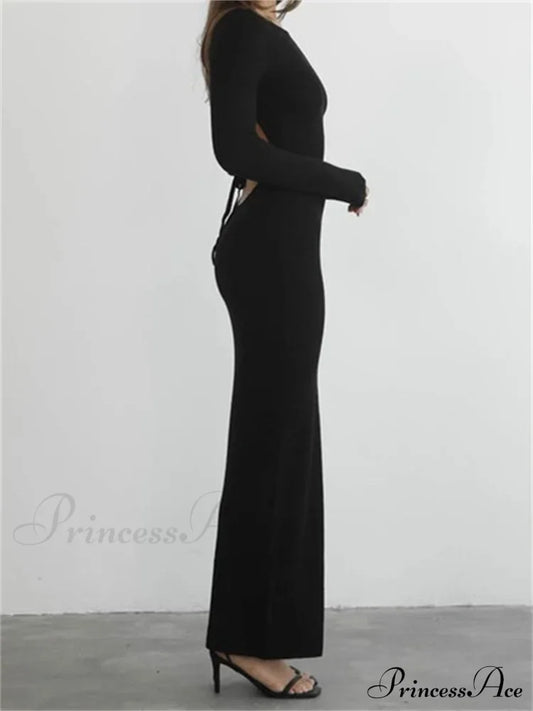 Elegant Women Round Neck Party Solid Color Sleeve Backless Tie Up Female Vestidos