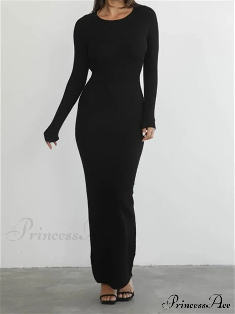 Elegant Women Round Neck Party Solid Color Sleeve Backless Tie Up Female Vestidos Black / S