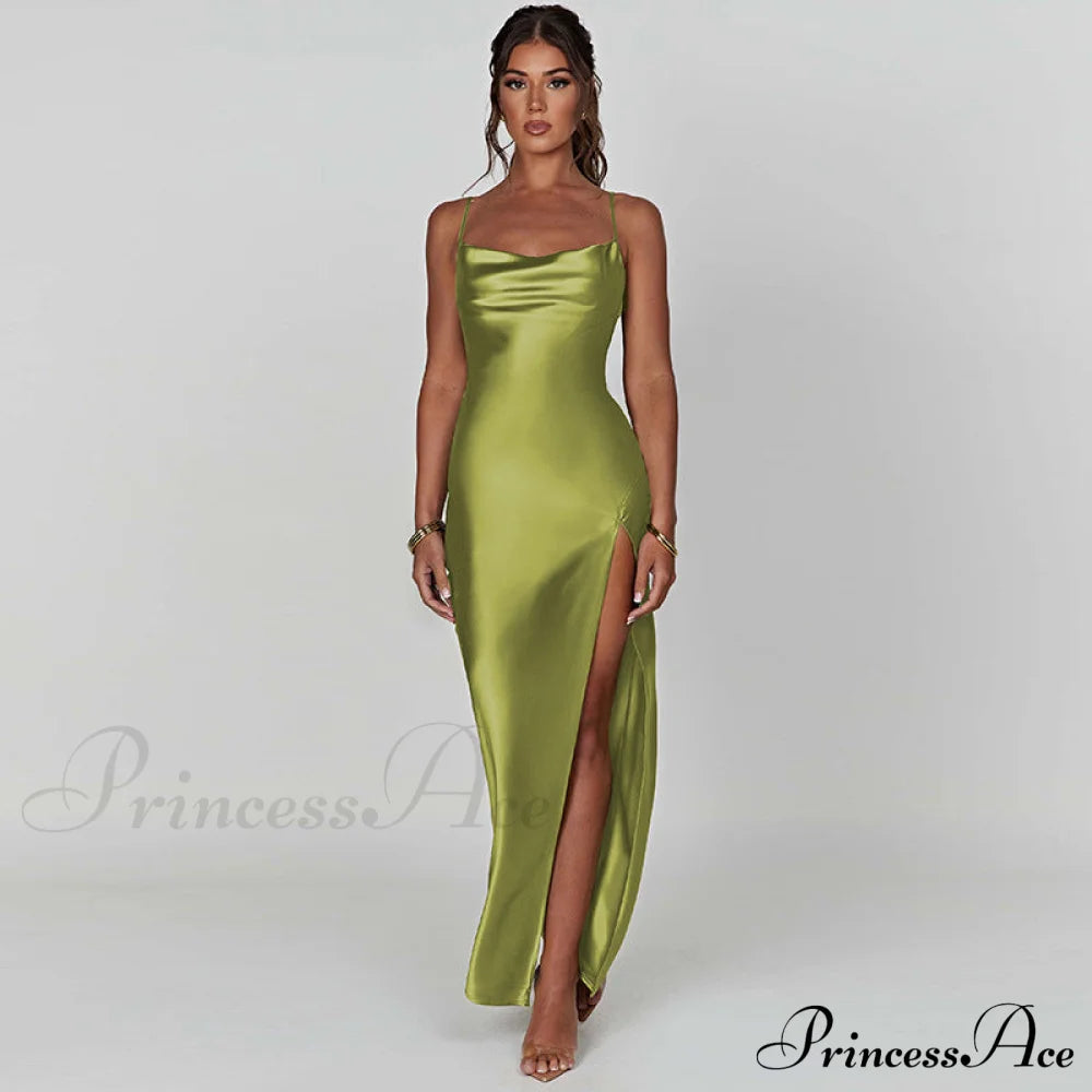 Elegant Women Satin V-Neck Low Cut Spaghetti Strap Backless Ruched High Split Party Female Vestidos