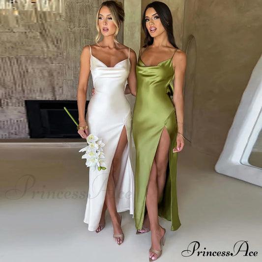 Elegant Women Satin V-Neck Low Cut Spaghetti Strap Backless Ruched High Split Party Female Vestidos