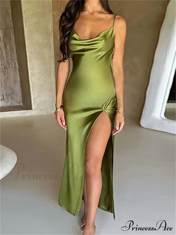 Elegant Women Satin V-Neck Low Cut Spaghetti Strap Backless Ruched High Split Party Female Vestidos