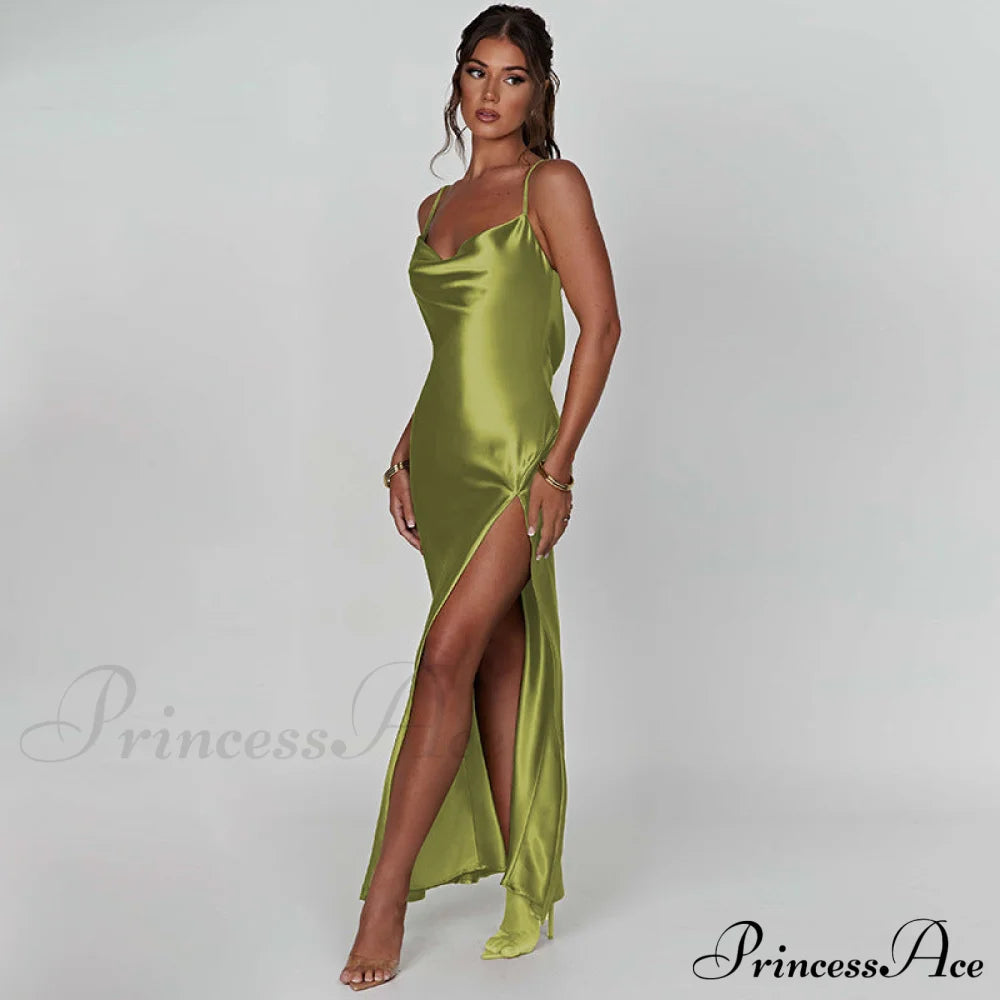 Elegant Women Satin V-Neck Low Cut Spaghetti Strap Backless Ruched High Split Party Female Vestidos