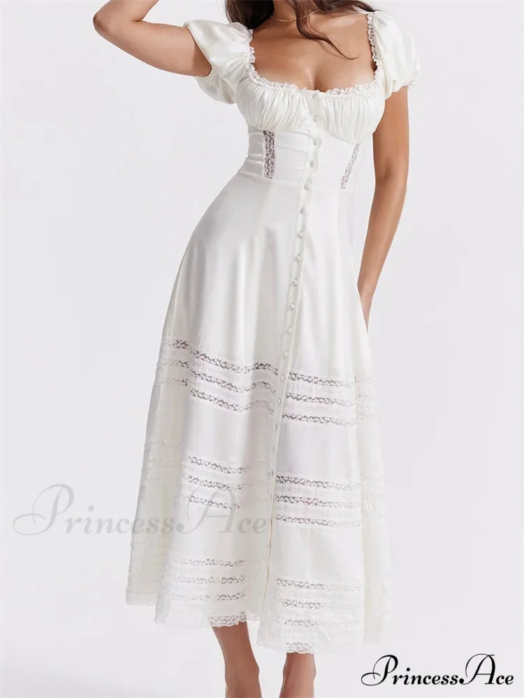 Elegant Women Short Sleeve Front Buttons Up Lace Hollow Out High Waist White Ol Summer Vestidos