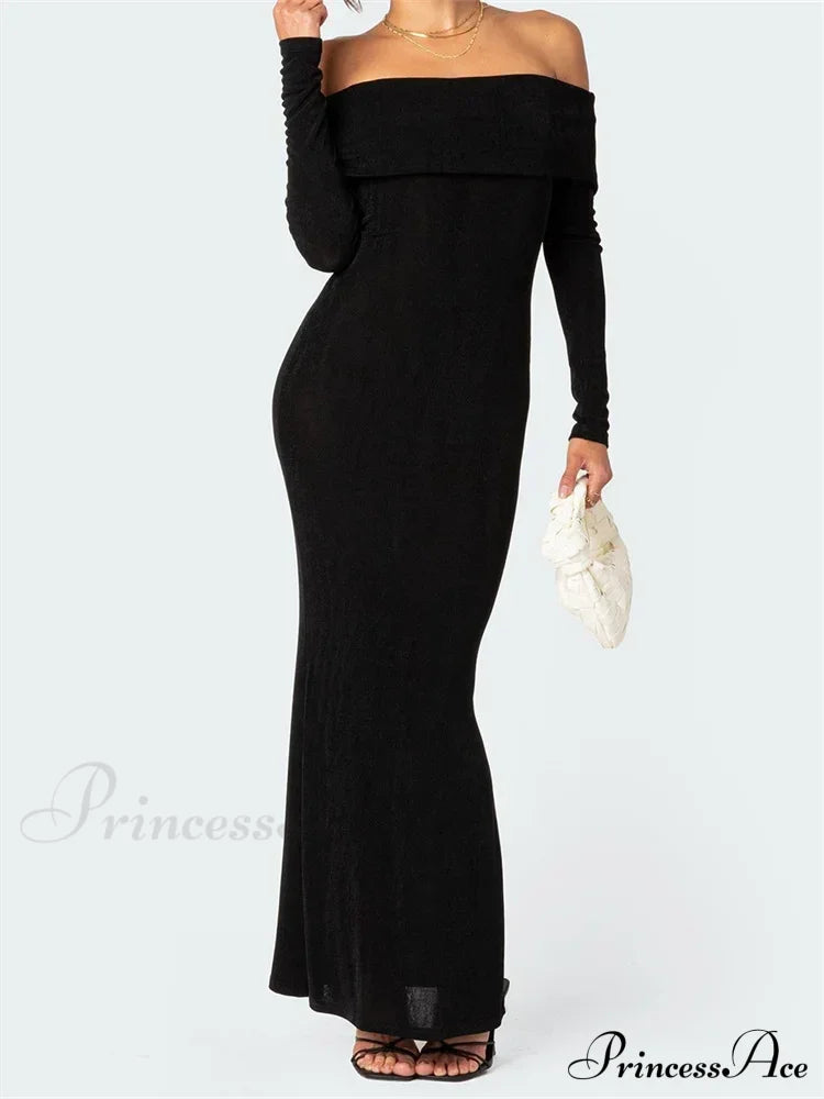 Elegant Women Slash Neck Off Shoulder Bodycon Black Solid Sleeve Party Formal Female Vestidos