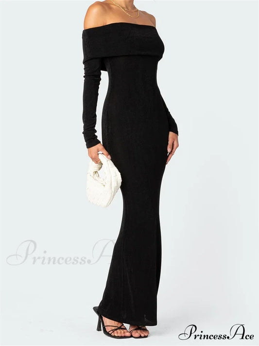 Elegant Women Slash Neck Off Shoulder Bodycon Black Solid Sleeve Party Formal Female Vestidos