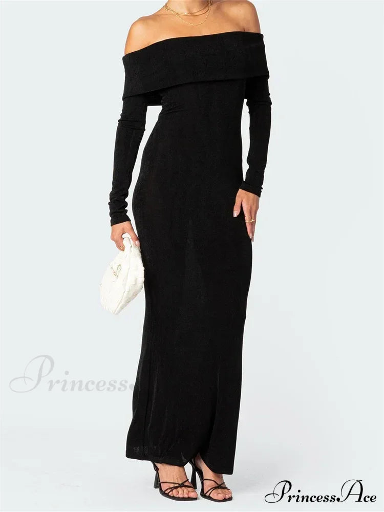 Elegant Women Slash Neck Off Shoulder Bodycon Black Solid Sleeve Party Formal Female Vestidos