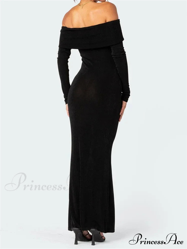 Elegant Women Slash Neck Off Shoulder Bodycon Black Solid Sleeve Party Formal Female Vestidos