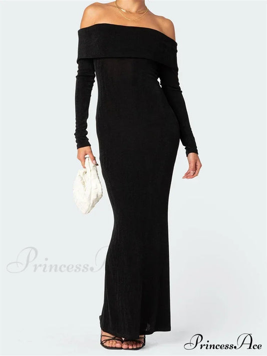 Elegant Women Slash Neck Off Shoulder Bodycon Black Solid Sleeve Party Formal Female Vestidos