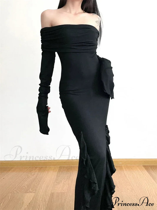 Elegant Women Slash Neck Off Shoulder Flare Sleeve Party Irregular Hem Ruffles Female Vestidos