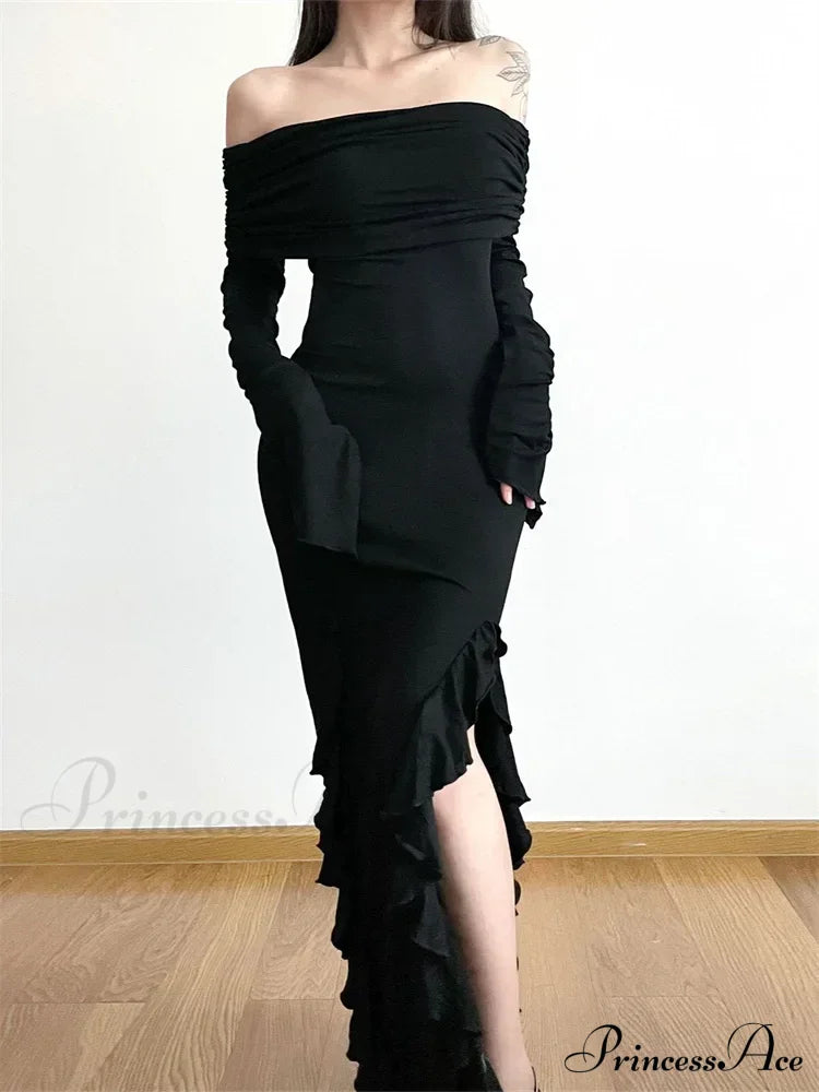 Elegant Women Slash Neck Off Shoulder Flare Sleeve Party Irregular Hem Ruffles Female Vestidos