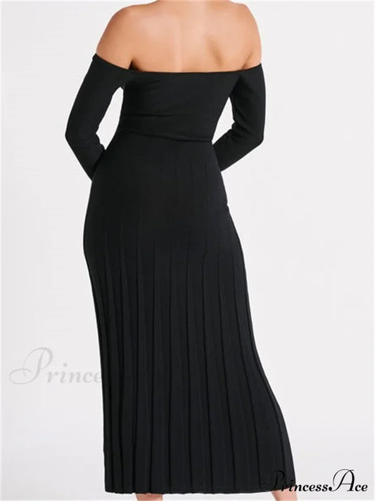 Elegant Women Slash Neck Off-Shoulder Solid Sleeve Backless Party Pleated Slim Vestidos