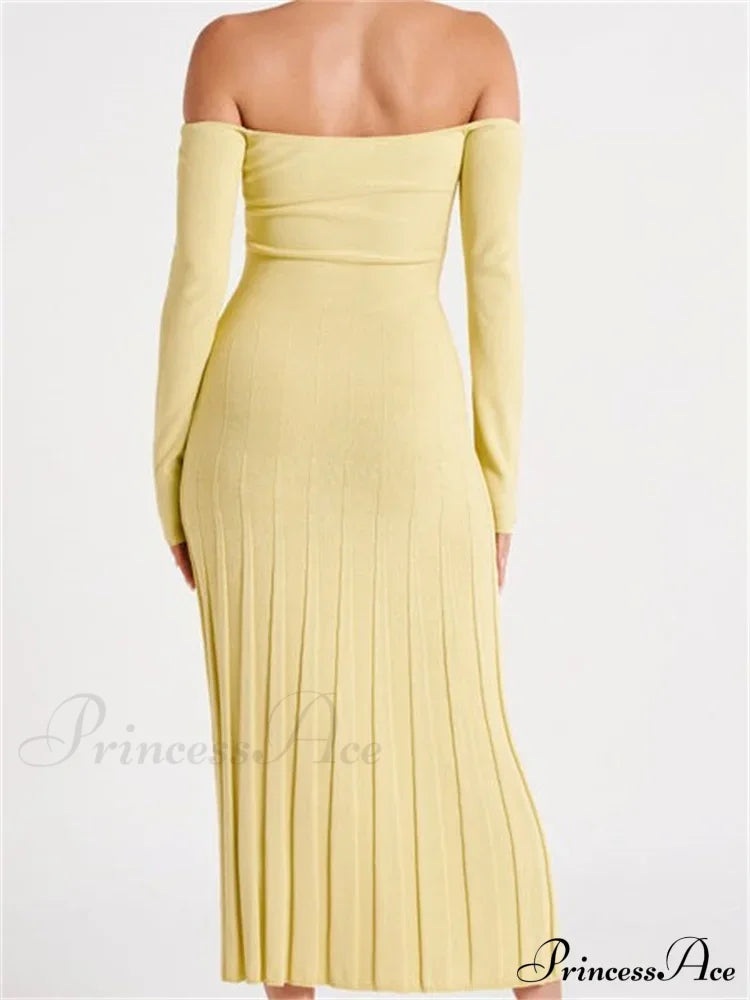 Elegant Women Slash Neck Off-Shoulder Solid Sleeve Backless Party Pleated Slim Vestidos