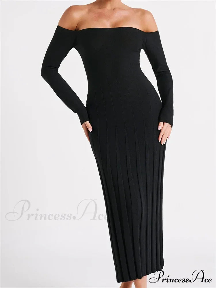 Elegant Women Slash Neck Off-Shoulder Solid Sleeve Backless Party Pleated Slim Vestidos Black / S