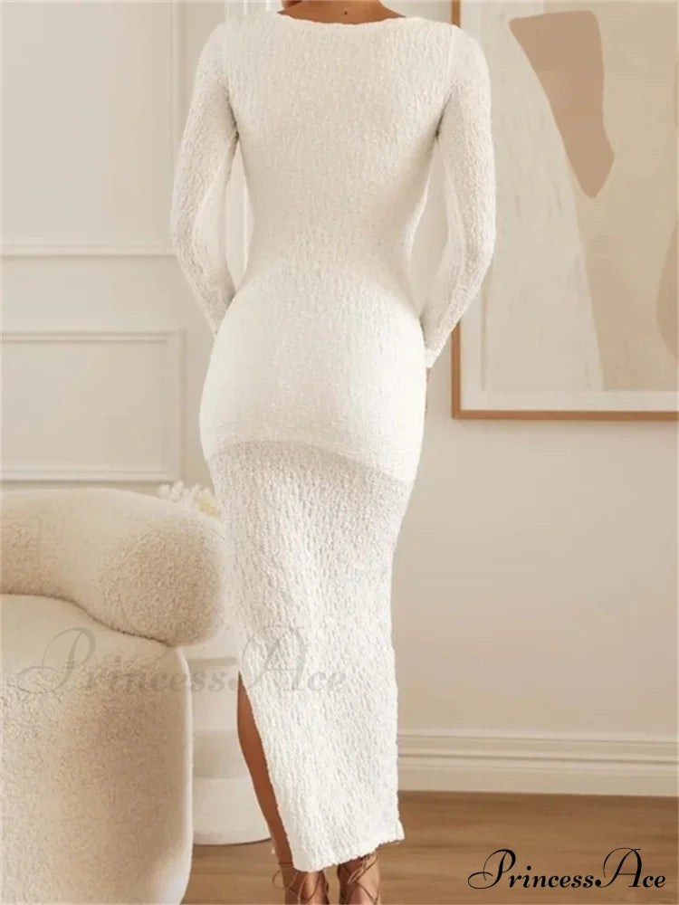 Elegant Women Sleeve Ruched Round Neck Low Cut Side High Split White Party Female Vestidos