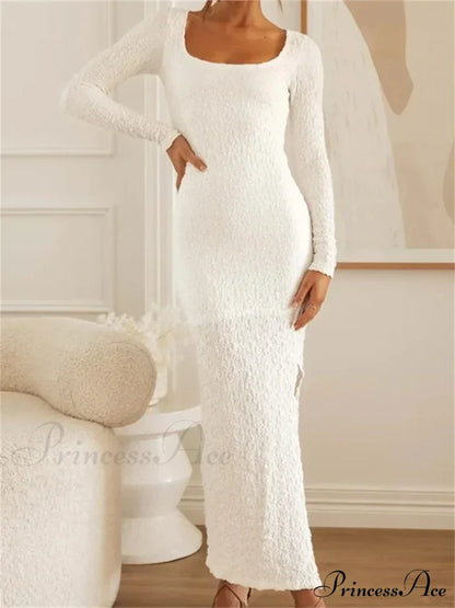 Elegant Women Sleeve Ruched Round Neck Low Cut Side High Split White Party Female Vestidos