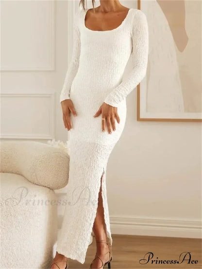 Elegant Women Sleeve Ruched Round Neck Low Cut Side High Split White Party Female Vestidos