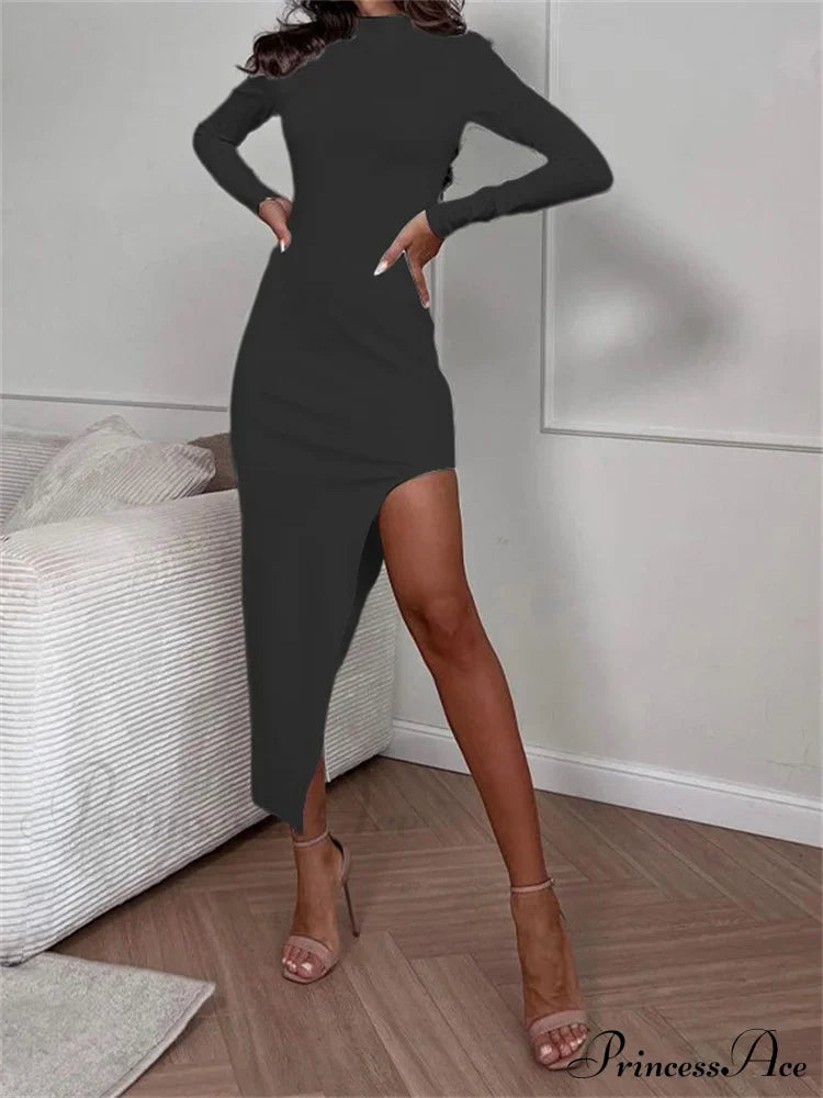 Elegant Women Spring Autumn Turtleneck Solid Color Sleeve High Split Bodycon Party Vestido