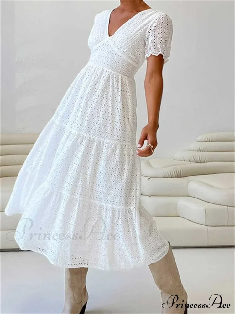 Elegant Women Summer Short Sleeve A-Line Solid V-Neck Lace Floral Backless Tie-Up Party Vestido