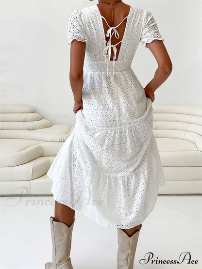 Elegant Women Summer Short Sleeve A-Line Solid V-Neck Lace Floral Backless Tie-Up Party Vestido