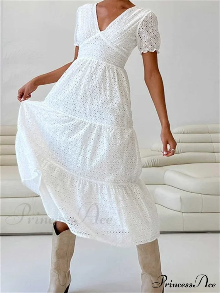 Elegant Women Summer Short Sleeve A-Line Solid V-Neck Lace Floral Backless Tie-Up Party Vestido