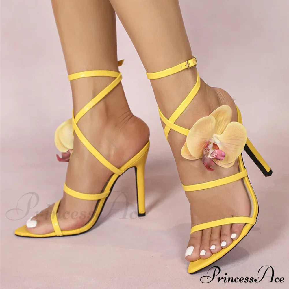 Elegant Women Wedding Banquet Shoes Pink Flowers Designer Sandals Pointed-Toe Gladiator High-Heels