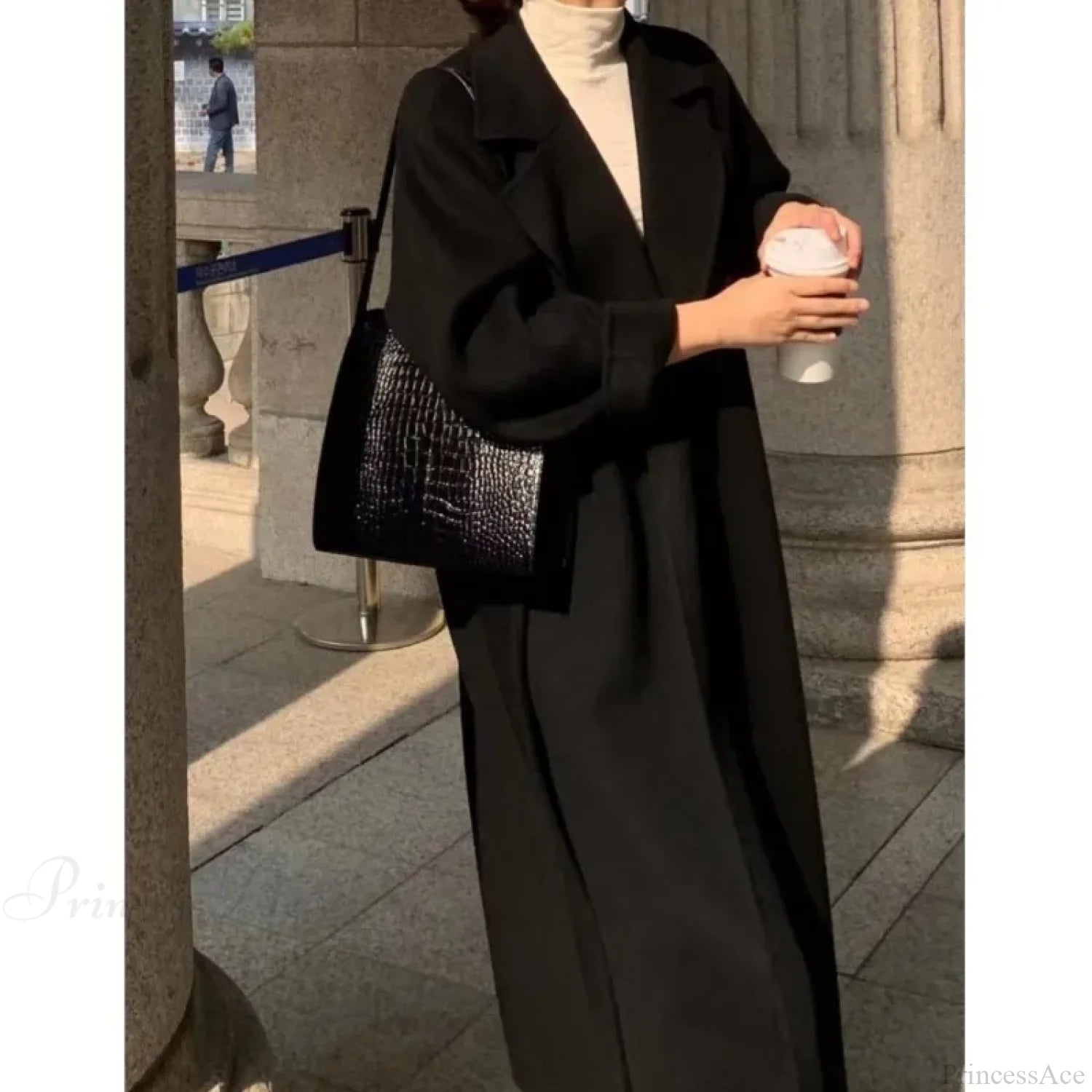 Elegant Woolen Belted Long Overcoat