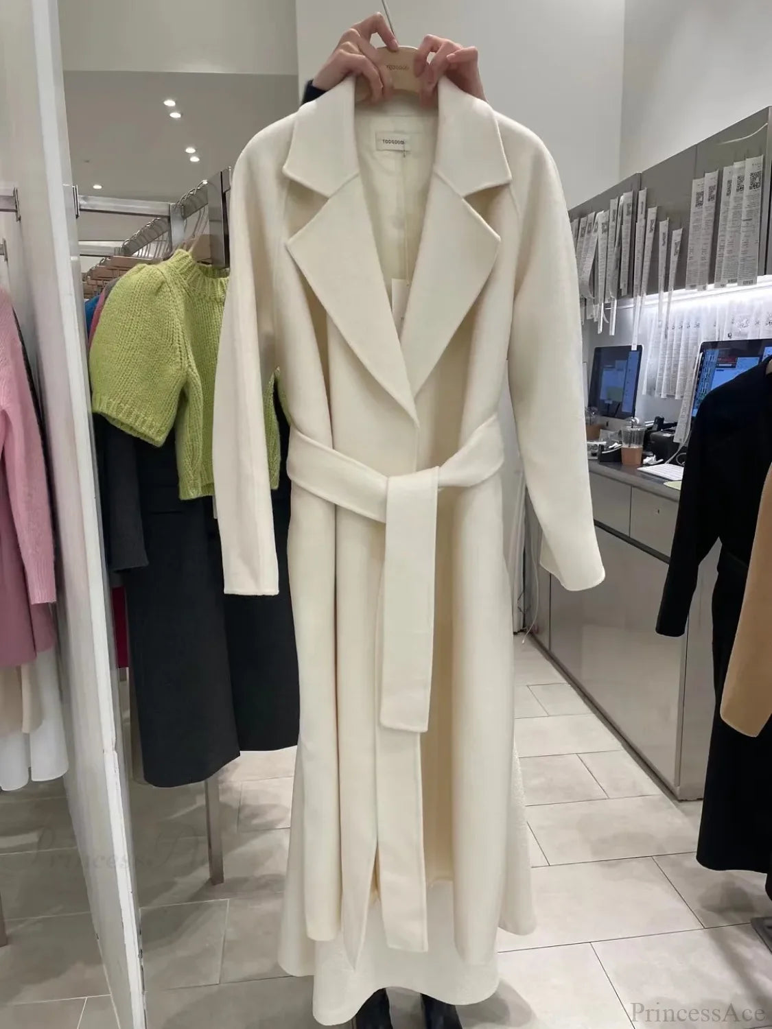 Elegant Woolen Belted Long Overcoat Apricot / S