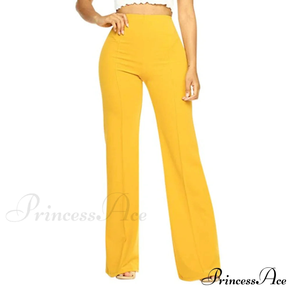 Elegant Work Office Casual Long Trousers Yellow / S