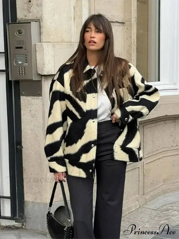 Elegant Zebra Printed Single Breasted Fashion Lapel Long Sleeves Loose Autumn Chic Stylish Coat