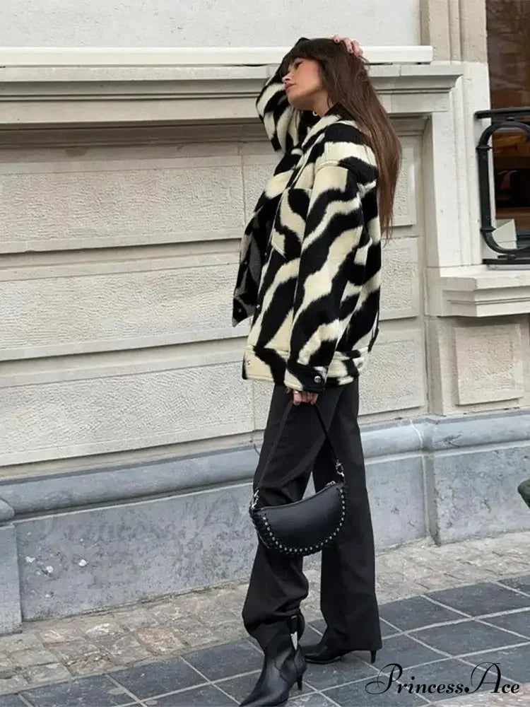 Elegant Zebra Printed Single Breasted Fashion Lapel Long Sleeves Loose Autumn Chic Stylish Coat