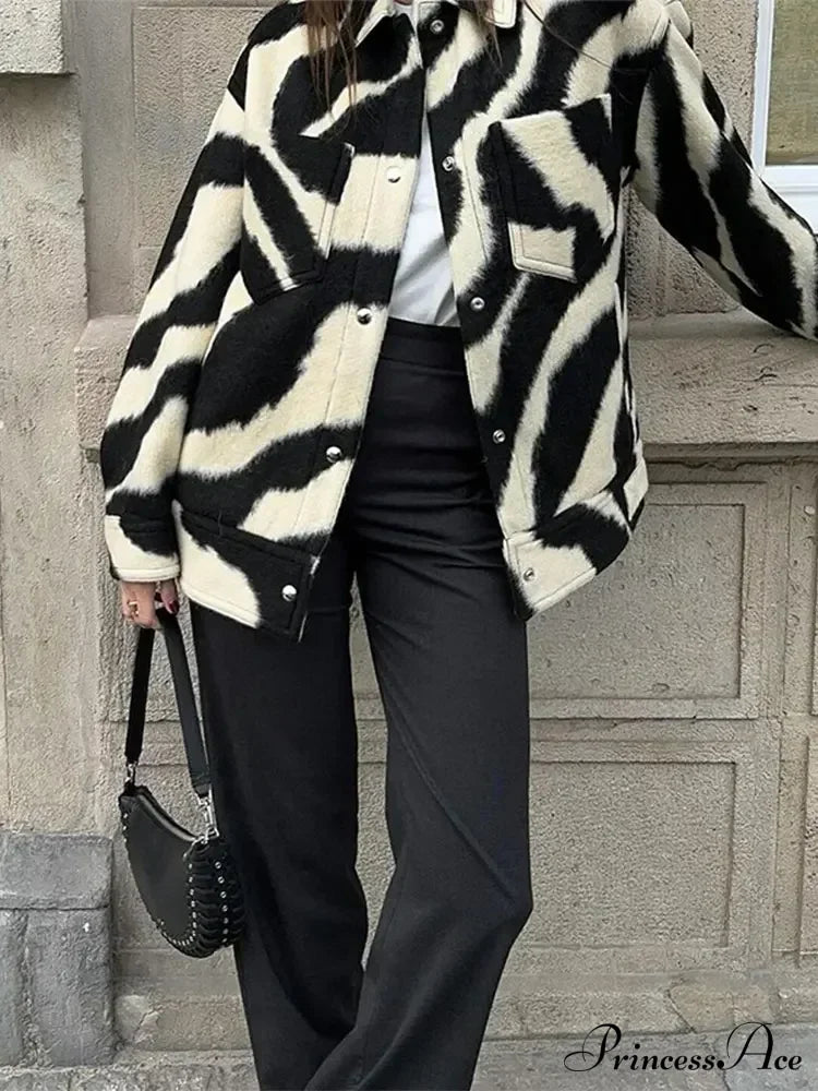 Elegant Zebra Printed Single Breasted Fashion Lapel Long Sleeves Loose Autumn Chic Stylish Coat