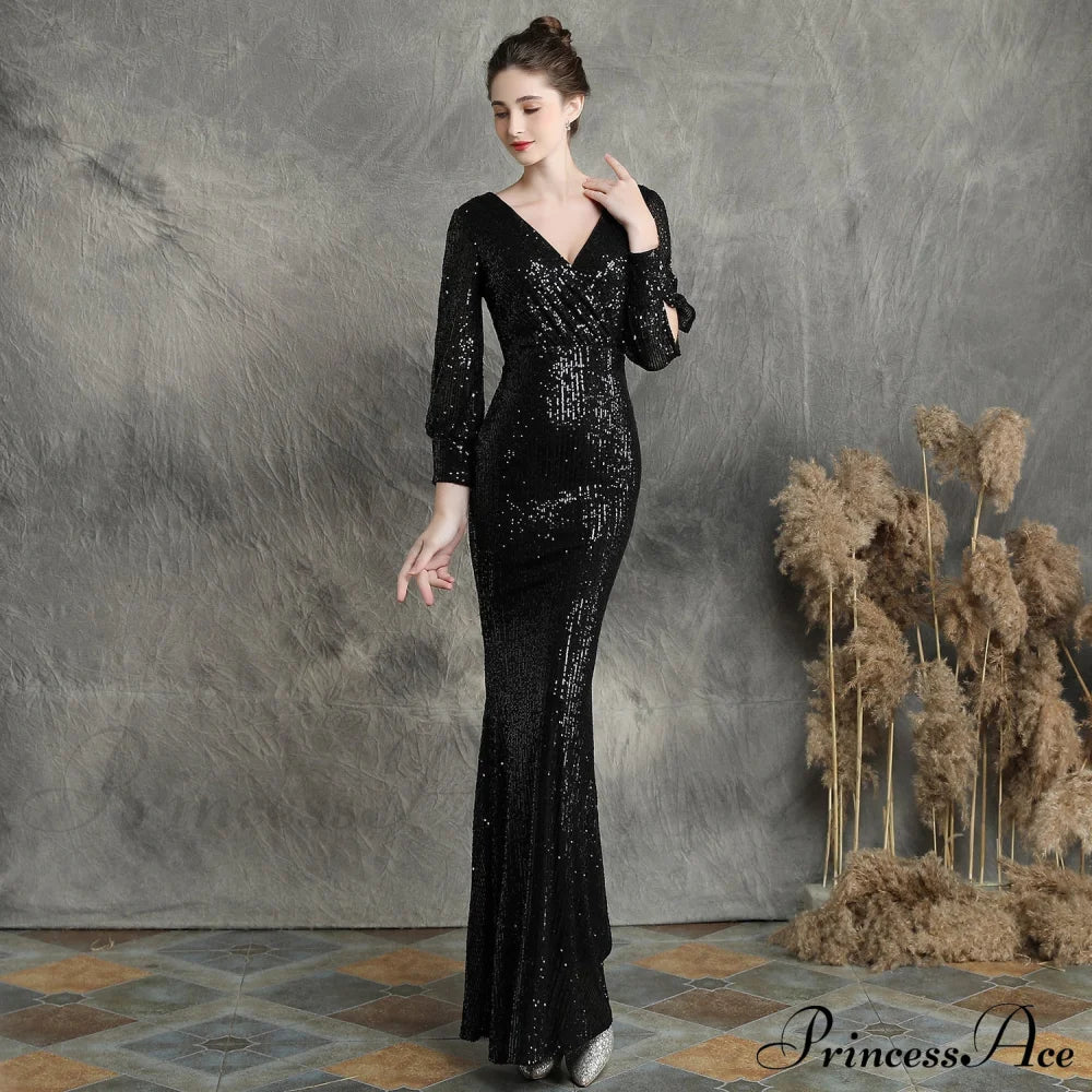 Ella long-sleeve sequined formal fishtail dress - Lady Occasions