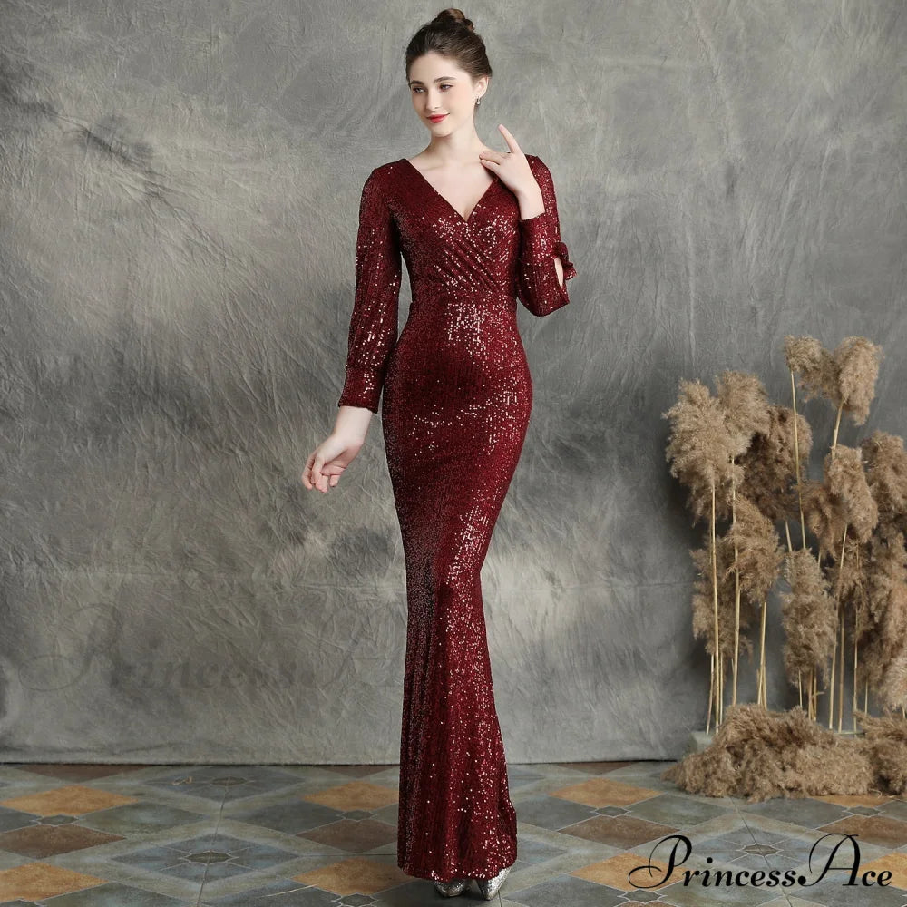 Ella long-sleeve sequined formal fishtail dress - Lady Occasions