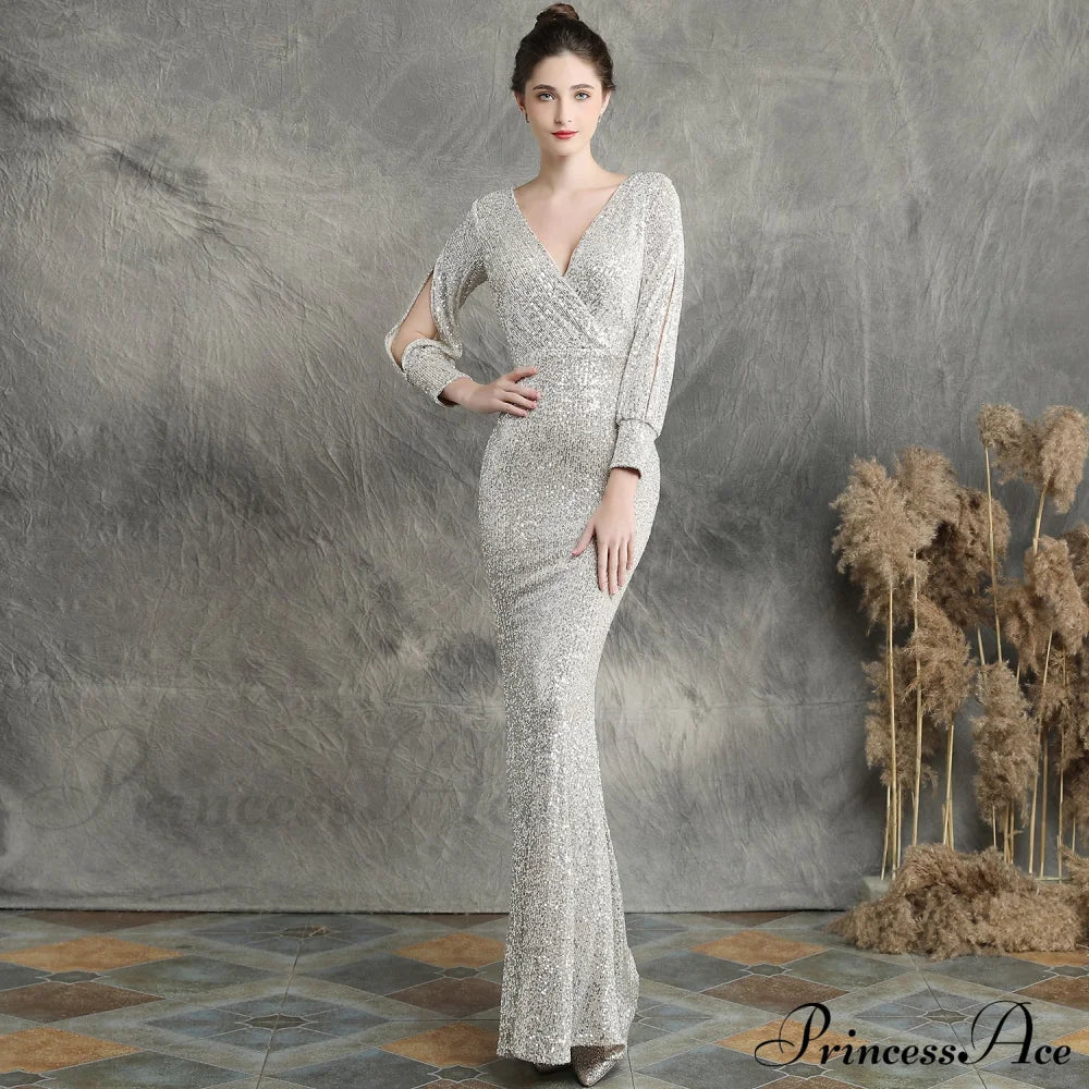 Ella long-sleeve sequined formal fishtail dress - Lady Occasions