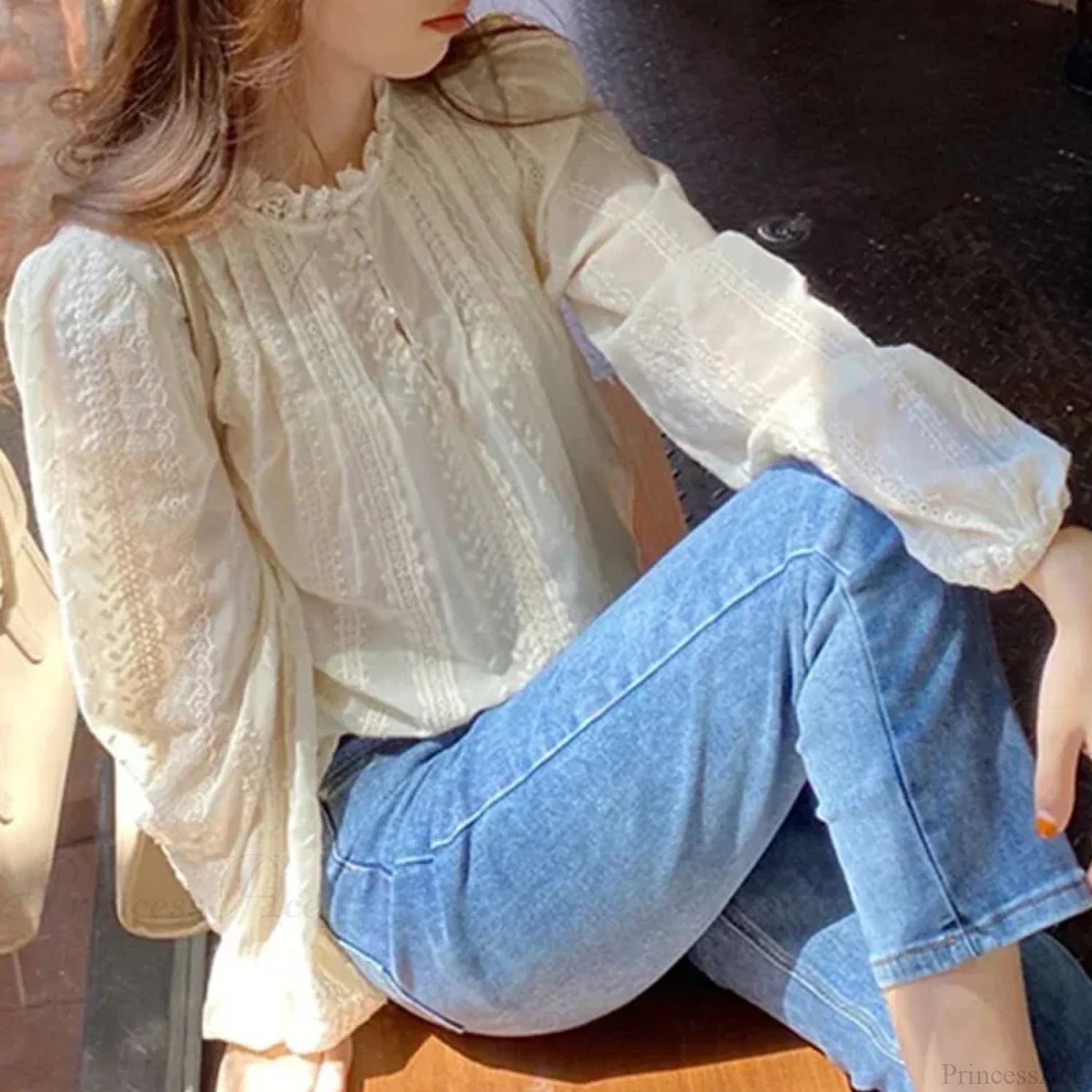 Embroidered Apricot Puff Sleeve Blouse blouse-250223
