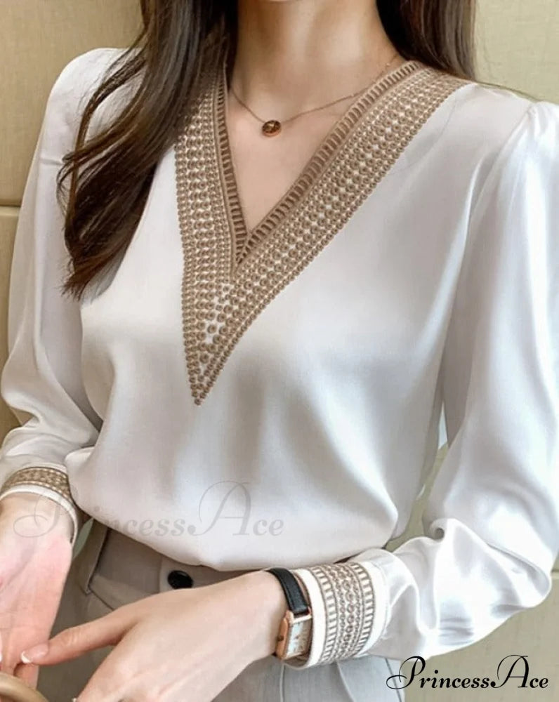 Embroidered Blouse - Kaila S / White-Long Sleeve Tops & Blouses