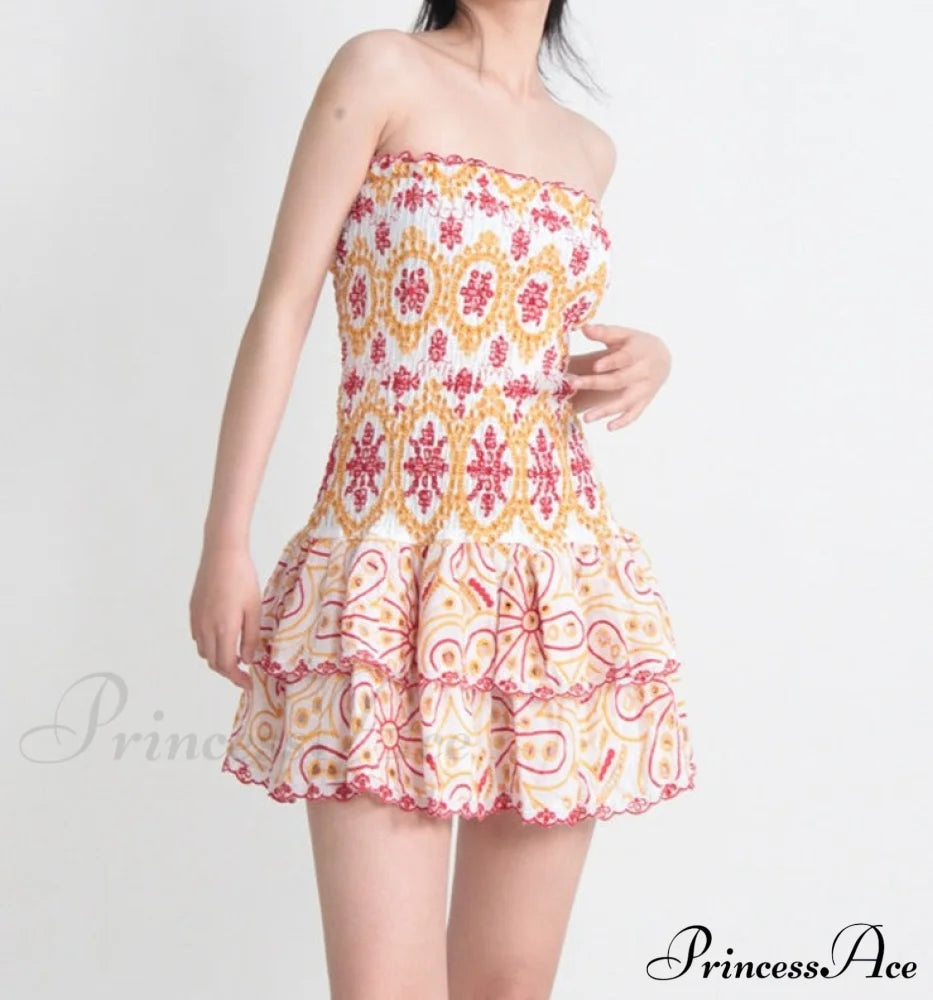 Embroidered Design Tube Charming Ruched Mini Dress