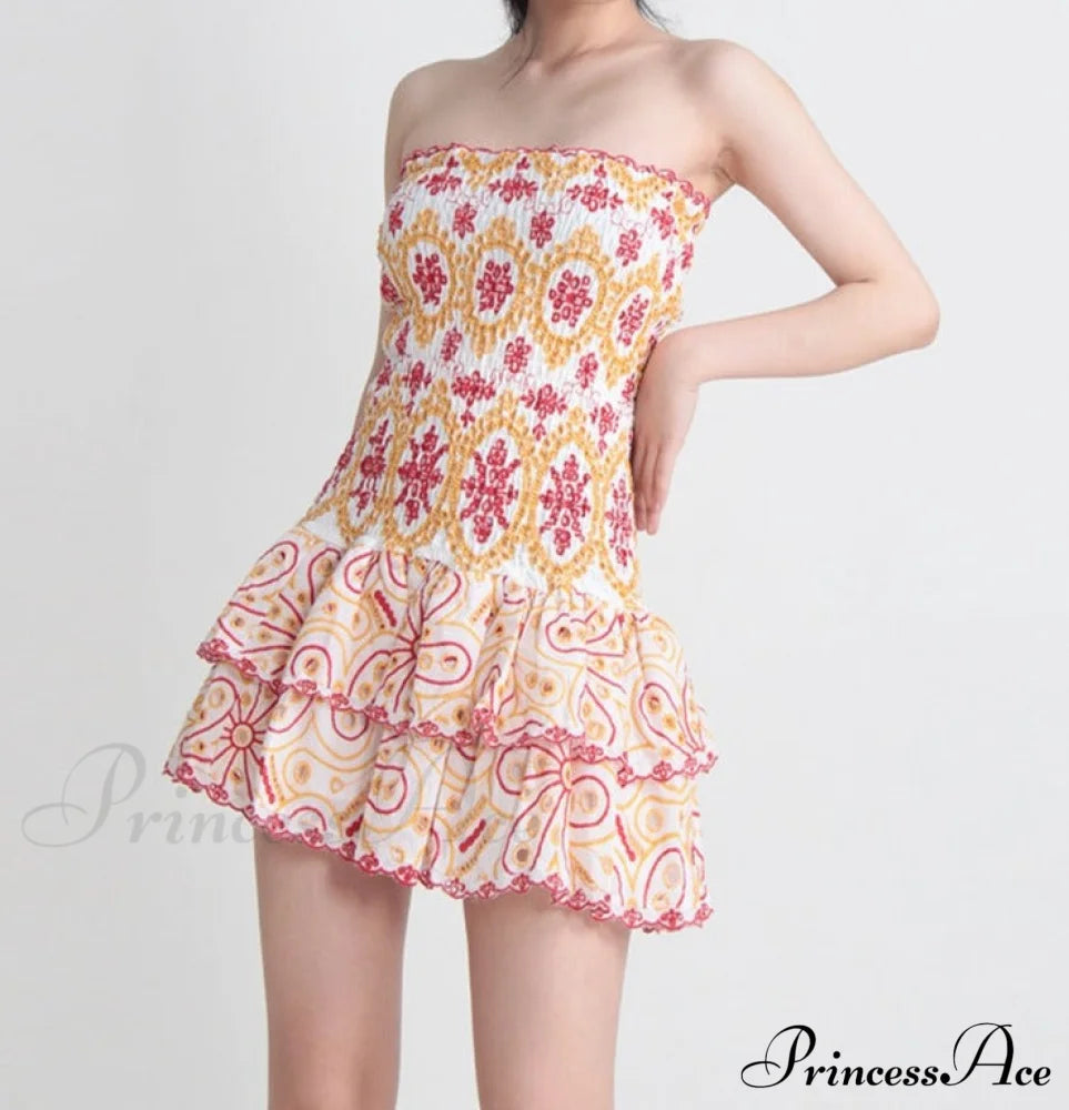 Embroidered Design Tube Charming Ruched Mini Dress