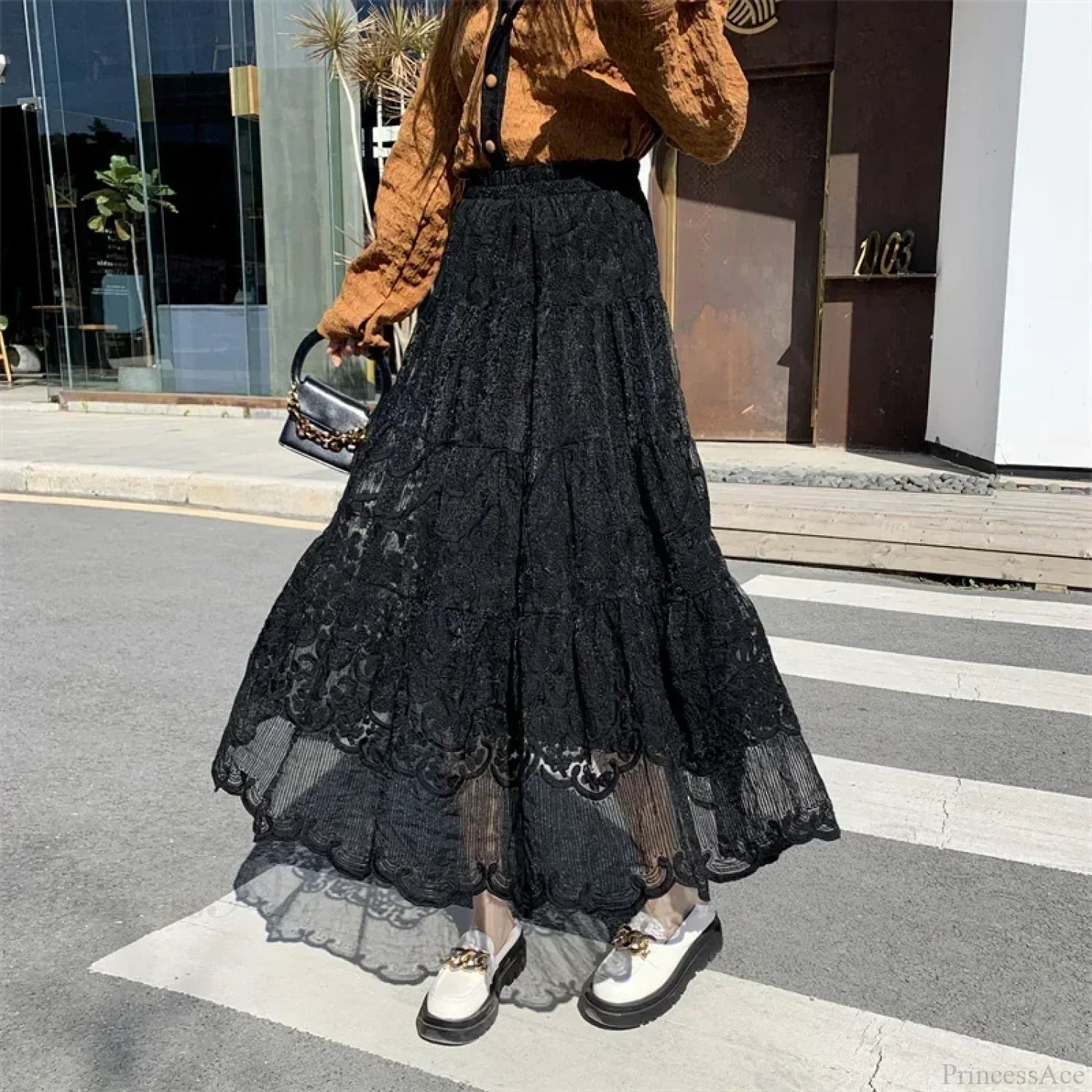 Embroidered Flower Lace High Waist Boho Skirt Black / One Size skirt-250126